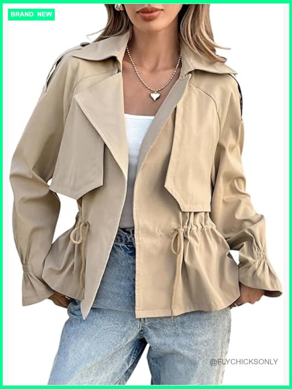 Open Front Long Sleeve Trench Coat Drawstring Waist Lapel Overcoat - Picture 1 of 6